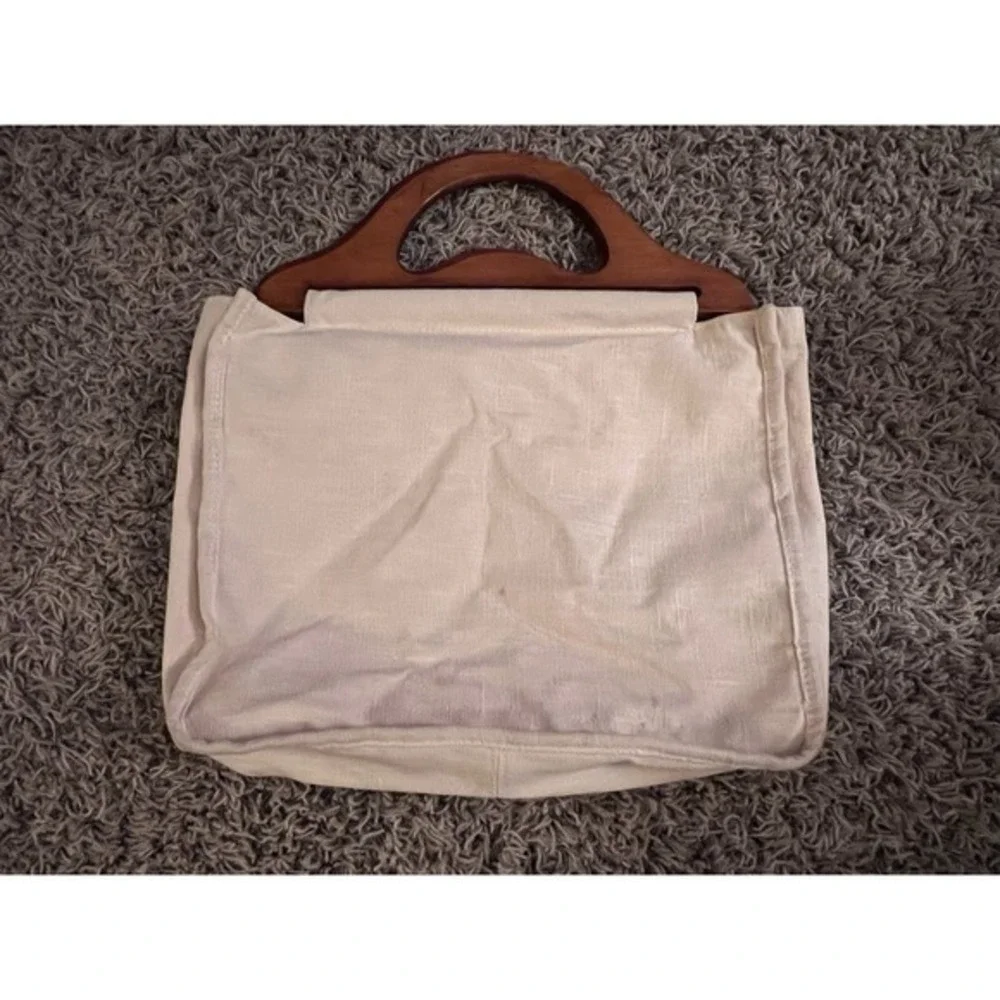 Vintage‎ Linen Peacock Wooden Handle Handbag W/Rhinestones 10"x13x3" - Picture 13 of 13